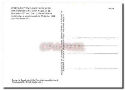 Dampflok Bern — Dampflok Nr. 18 com vagão 26 — STÄDTISCHE VERKEHRSBETRIEBE BERN — Verso