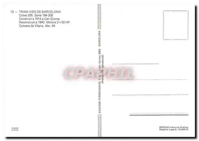 Tramway de Barcelona — Cotxe 205, serie 194-208 — Ediciones Ferroviarias — Reverso