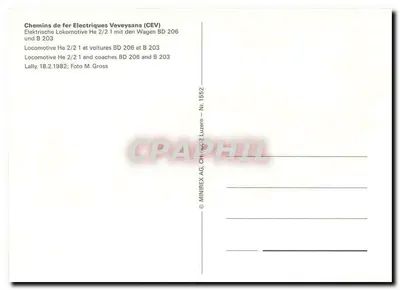 Trem dos Caminhos de Ferro Elétricos Veveysans — Lally — editor MINIREX AG, n° 1552 — Verso