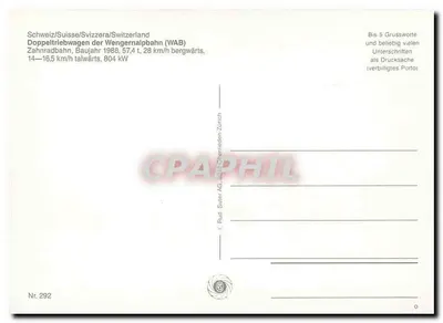 Trem de cremalheira da Wengernalpbahn — Suíça — editor Rud. Suter AG, Zurique, n° 292 — Verso