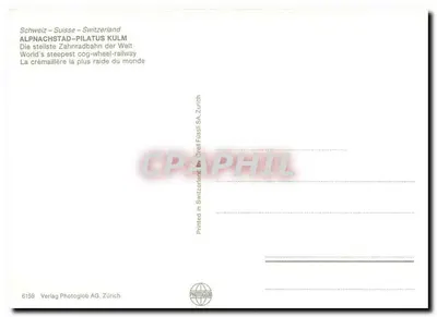 Alpnachstad-Pilatus Kulm — A cremalheira mais íngreme do mundo — Verlag Photoglob AG, Zürich, n° 6159 — Verso