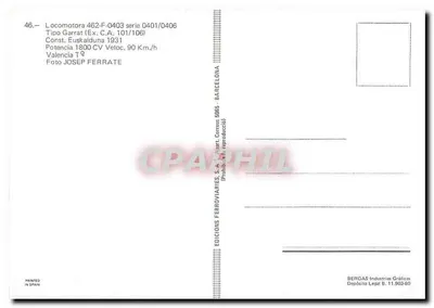 Locomotiva 462-F-0403 série 0401/0406 — Tipo Garrat (Ex. C.A. 101/106) — Editor EDICIONS FERROVIÀRIES S.A. Barcelona — Verso