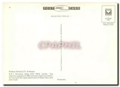 B.R. 7 'Britannia' Class 4-6-2 70015 'Apollo' — Série Ferroviária D.211, 8 designs — Post Dennis Productions — Verso