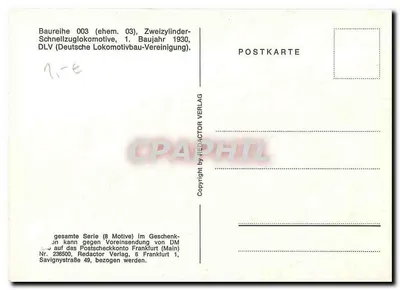 Locomotiva 003 281-3 — Baureihe 003 (anteriormente 03), locomotiva de passageiro de dois cilindros, primeiro ano de fabricação 1930 — Redactor Verlag, Nr. 236500 — Verso