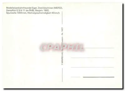Locomotiva a vapor G 3/4 11 — ex RhB — modelo reduzido — editor MINIREX AG, n° 1421 — Verso