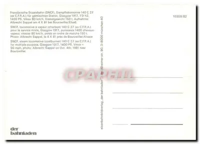 Parowóz SNCF 140 C 27 — ex C.F.R.A., stacja Bourzwiller — wydawca der bahnladen, nr 10309/82 — Rewers
