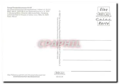 Dampftenderlok 91.107 — Museu dos Caminhos de Ferro Austriacos — editor REIJU, n° 6023 — Verso