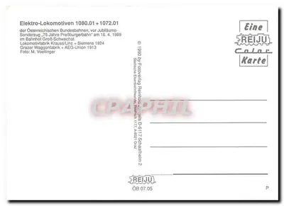 Electrolocomotivas 1080.01 + 1072.01 — comemoração dos 75 anos dos Caminhos de Ferro Austriacos — REIJU Color Karte — Verso