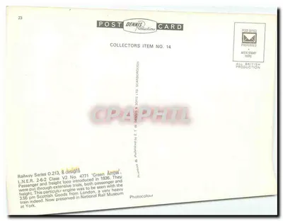 L.N.E.R. 2-6-2 Classe V2 N° 4771 'Green Arrow' — Estação de Doncaster — Post Dennis Productions, Item para Colecionadores N° 14 — Verso