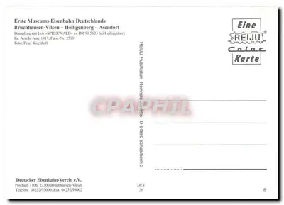 Bruchhausen-Vilsen – Heiligenberg — Dampfzug mit Lokomotive «SPREEWALD» ex DR 99 5633 bei Heiligenberg — REIJU Color Karte — Rückseite