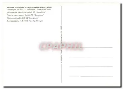 Tramway Be 6/6 'Sempione' — Società Subalpina di Imprese Ferroviarie — editor MINIREX AG, n° 1613 — Verso