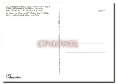 Treno elettrico DB 470 107-4 — Hamburg-Kleinfliottbek — editore der bahnladen, n. 11006/91 — Verso