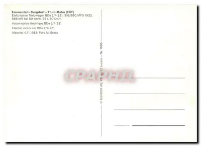 Emmental – Burgdorf – Thun-Bahn (EBT) — Carro elétrico BDe 2/4 231 — MINIREX AG, Luzern, n° 1585 — Verso