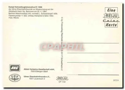 Parowóz szybki 01 1066 — Albtalbahn, Muzeum, 1984 — REIJU Color Karte — Rewers