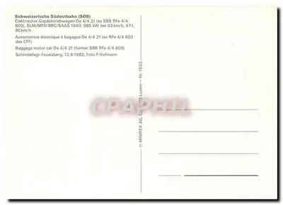 Schindellegi-Feusisberg — Automotriz elétrica de bagagens De 4/4 21 (ex SBB RFe 4/4 603) — MINIREX AG CH-8002 Luzern - Nr. 1533 — Verso