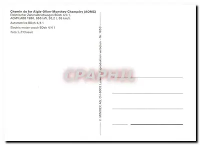 Trem elétrico AOMC — Ferrovia Aigle-Ollon-Monthey-Champéry — editor MINIREX AG, n° 1653 — Verso
