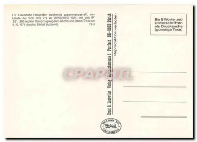 Trem a vapor e elétrico — Sihltal, Suíça — Ernst & Lenwiler, Zurique — Verso