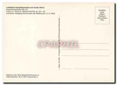 Parowy pociąg bawarski — lokomotywa D-h2t z zapasowym wagonem 98 812 — wydawnictwo Holzborn — Rewers