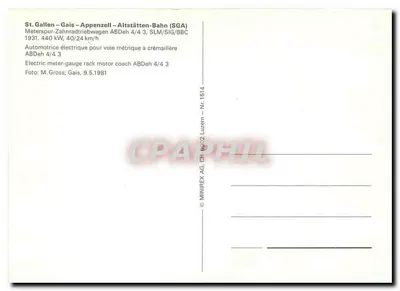 St. Gallen – Appenzell – Altstätten-Bahn (SGA) — Automotriz elétrica para via métrica com cremalheira ABDeh 4/4 3 — MINIREX AG, CH, Nr. 1514 — Verso