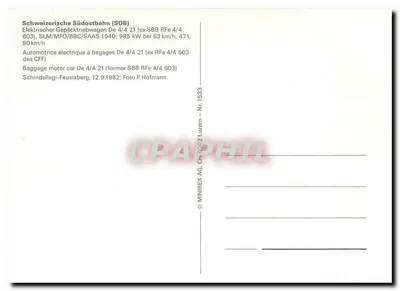 Schindellegi — Automotriz de bagagens De 4/4 21 (ex SBB RFe 4/4 603) — MINIREX AG, Lucerna, n° 1533 — Verso
