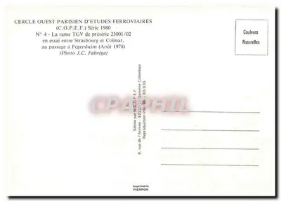 Rame TGV de présérie 23001/02 — em teste entre Strasbourg e Colmar — Cercle Ouest Parisien d'Études Ferroviaires, Série 1980 — Verso