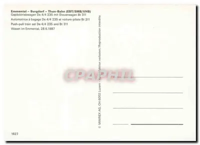 Emmentaler – Burgdorf – Thun-Bahn (EBT/SMB/VHB) — Automotriz de Bagagem De 4/4 235 e Vagão-Piloto Bt 311 — MINIREX AG, CH-6002 Luzern — Verso