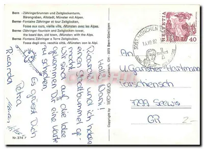 Bern - Zähringerbrunnen, Bärengraben, Münster com as Alpes — editor Helvétia, n° 374 — Verso