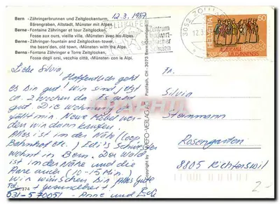 Bern - Zähringerbrunnen und Zeitglockenturm — com ursos, velha cidade e Alpes — Wefo-Verlag, n°374 — Verso