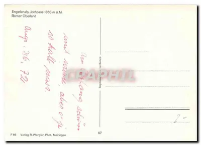 Engstlenalp, Jochpass — 1850 m acima do nível do mar — Berner Oberland — Editor R. Würgler, Fot. Meiringen, n° F 66 — Verso