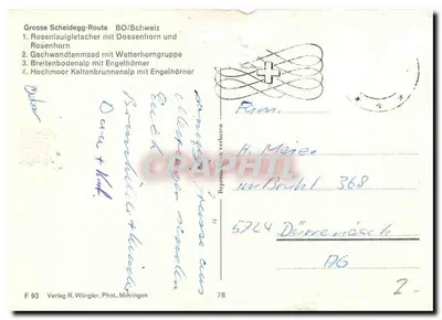 Szwajcarskie góry — widok złożony — Verlag R. Würgler, Fot. Metringen, nr F 93 — Rewers
