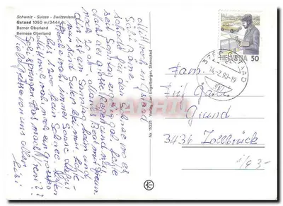 Gstaad — widok panoramiczny, zasnieżone góry, balon powietrzny, termale i wieś — Verlag Karl Engelberger, Stansstad, n° 11031 — Rewers