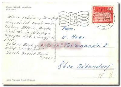 Eiger, Mönch, Jungfrau — Karta (Karton) — Photoglob-Wehrli AG, Zurych, nr 6005 — Rewers