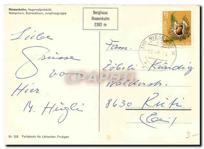 Niesenbahn, Hegernalpviadukt — Wetterhorn, Schreckhorn, Jungfrau-Gruppe — Farbphoto Hs. Lörtscher, Frutigen, n° 325 — Rewers