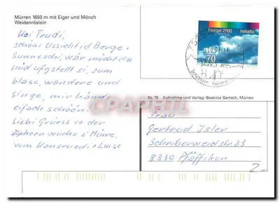 Mürren 1650 m z Eigerem i Mönchem — Nr 76 — Beatrice Gertsch, Mürren — Rewers