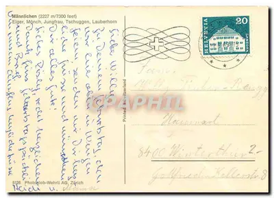 Góry Eiger, Mönch, Jungfrau, Tschuggen — Männlichen — Photoglob-Wehrli AG, Zurych — Rewers