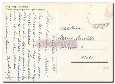 Mägislalp, Hasliberg — Wetterhorngruppe z Eigerem i Mönchem — wydawca F. 10, Verlag R. Würgler, Beringen — Rewers