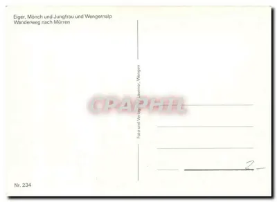 Eiger, Mönch en Jungfrau en Wengernalp — Wandelpad naar Mürren — Foto en Uitgeverij Fritz Lauwener, Wengen, Nr. 234 — Achterkant