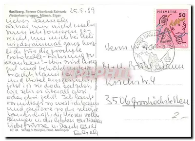 Hasliberg, Berner Oberland/Suíça — Wetterhorngruppe, Mönch, Eiger — Verlag R. Würgler, Fot., Meiringen, n° 34 — Verso