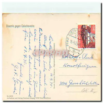 Disentis przeciwko Caischavedra — widok panoramiczny — Druck und Verlag Fotohaus Geiger, Nr. 6313 — Rewers