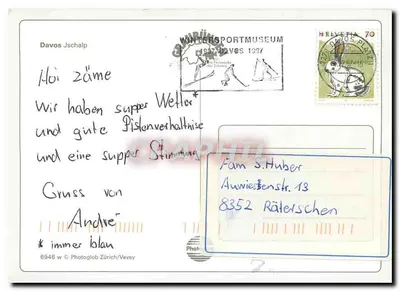 Davos — widok panoramiczny, telekabina Jakobshorn i stacja narciarska — wydawca Photoglob Zürich/Vevey — Rewers