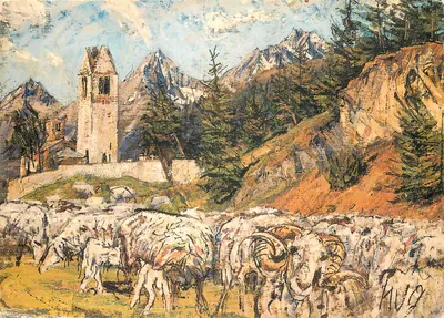 Paisagem alpina com rebanho de ovelhas — torre de castelo — HUG assinado — cerca de 1986