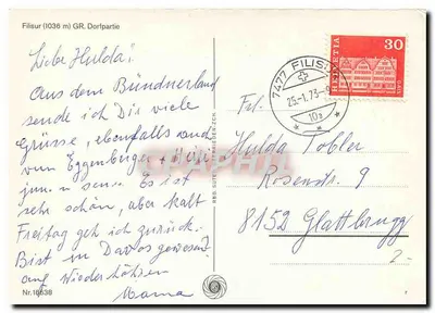 Filisur (1036 m) GR, część wsi — widok uliczek i zasnieżonych gór — wydawca nieznany — Rewers