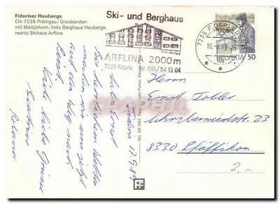 Fideriser Heuberge — Ski- und Berghaus Arflina — wydawca Fideris, nr 081/64.04 — Rewers