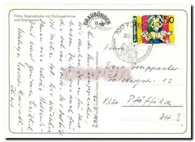 Flims, Segnesboden mit Tschingelhörner und Segnespass — Graubünden, wydawca Verlag Photohaus Geiger, nr 214 — Rewers