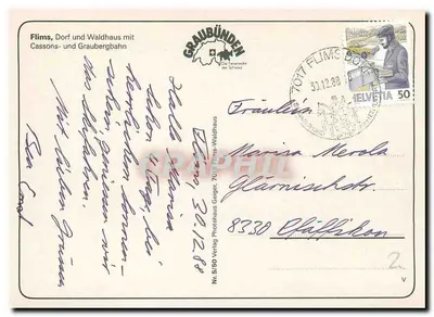 Flims — wieś i zasnieżone góry — Verlag Flims-Waldhaus, nr 5/50 — Rewers