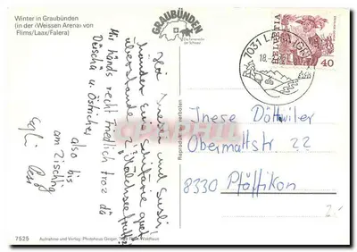 Inverno em Graubünden — (in der Weissen Arena) von Flims/Laax/Falera — Photophaus Greiger, 1978 — Verso