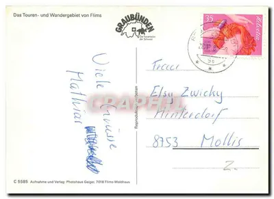 Visão aérea do maciço do Flims — Flims-Waldhaus — editor Photohaus Geiger, n° C 5585 — Verso