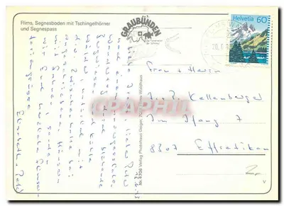 Flims, Segnesboden z Tschingelhörner i Segnespass — Graubünden, wydawca Verlag Photohaus Geiger, n° 3706 — Rewers