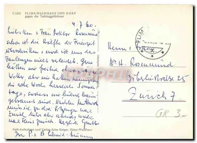 Flims-Waldhaus e aldeia — contra os cornos de Tschinggel — fotografia colorida e editora Jules Geiger, Flims-Waldhaus — Verso