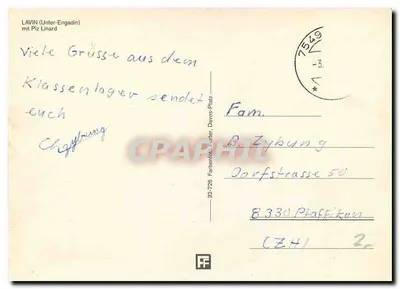 Lavin (Unter-Engadin) — vista panorâmica do vilarejo e das montanhas — editor Farbentafel Futter, n° 32-728 — Verso